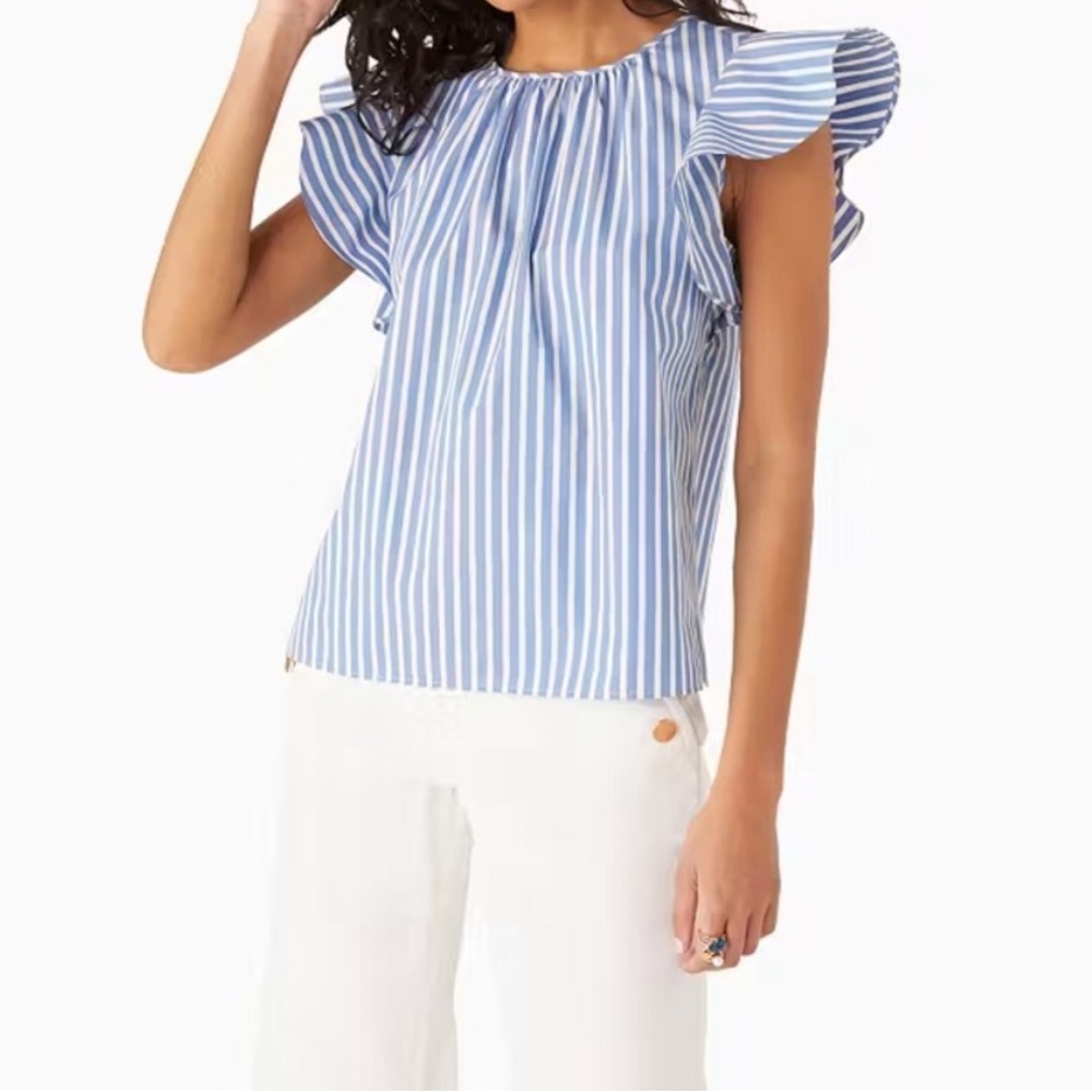 Kate Spade Basket Stripe Flutter-Sleeve Top Light Blue and White Size Small